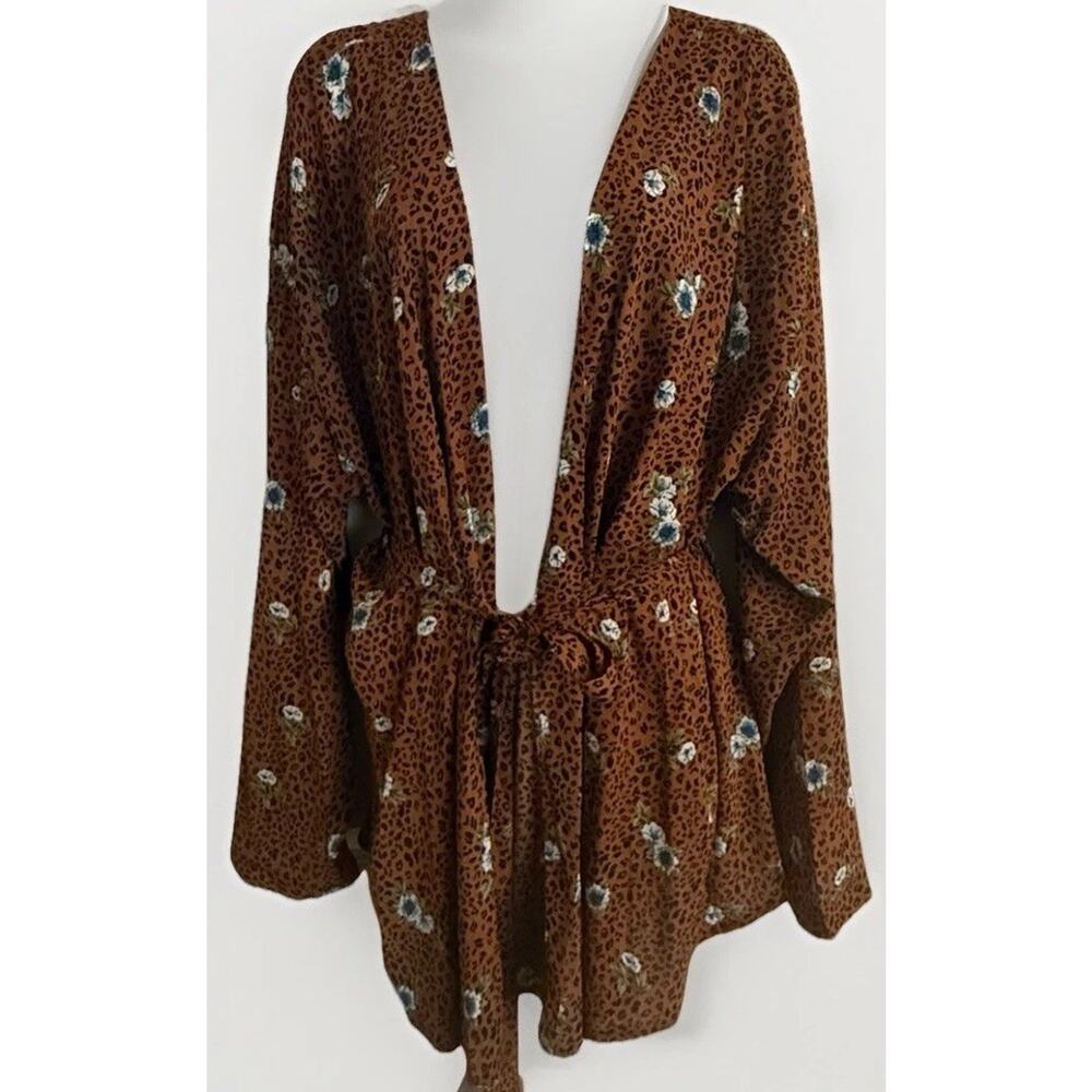 Boohoo Leopard Cardigan Brown Kimono Blouse Open Wrap Ties Sleeved Plus Size 20